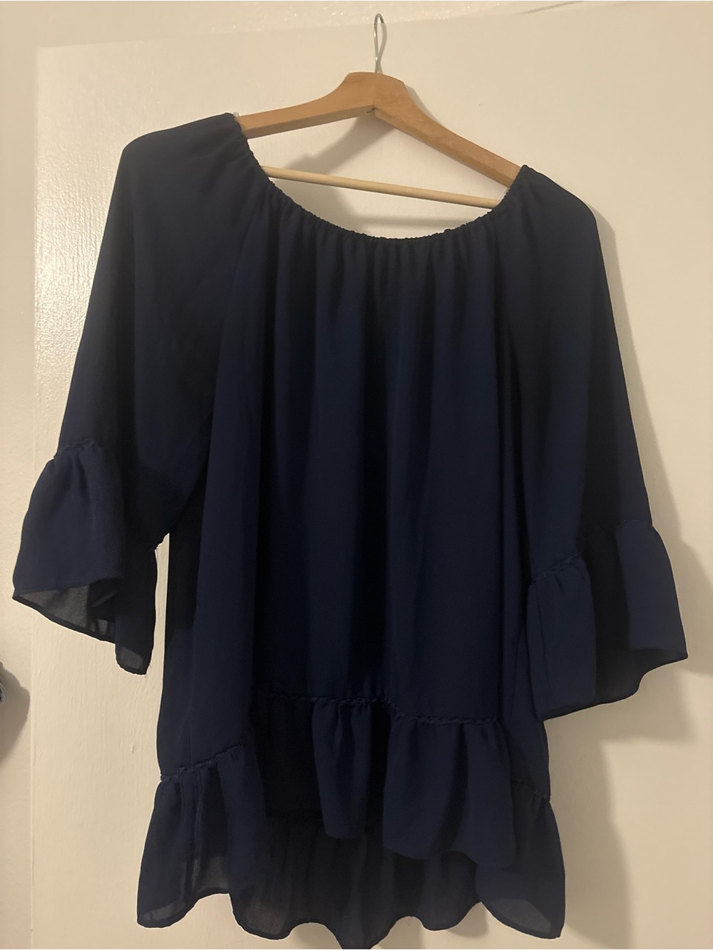 new directions Navy Ruffle-Hem Off-Shoulder Tunic
